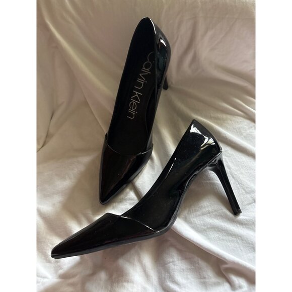 Black Patent Leather Pointed Toe Stiletto Heels Size 11 Calvin Klein Glossy - Picture 1 of 13